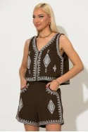 Σετ σορτς και γιλέκο με boho κεντήματα καφέ