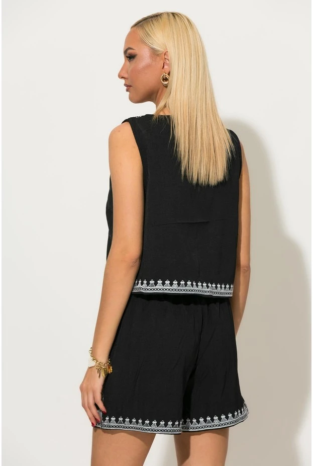 Σετ σορτς και γιλέκο με boho κεντήματα μαύρο