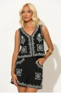 Σετ γιλέκο και σορτς με boho κεντήματα μαύρο
