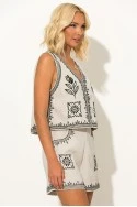 Σετ γιλέκο και σορτς με boho κεντήματα μπεζ