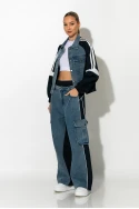 Σετ με mix υφών παντελόνι wide leg cargo και jacket με ρίγες μπλε