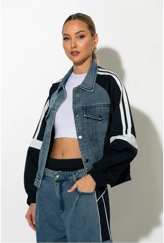 Σετ με mix υφών παντελόνι wide leg cargo και jacket με ρίγες μπλε