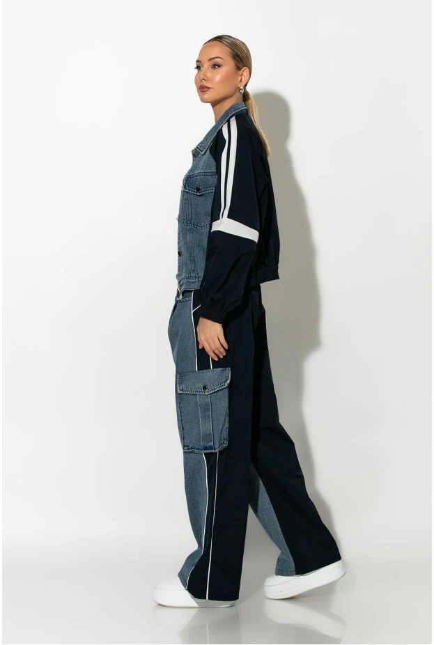 Σετ με mix υφών παντελόνι wide leg cargo και jacket με ρίγες μπλε