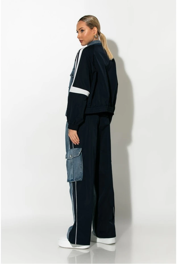 Σετ με mix υφών παντελόνι wide leg cargo και jacket με ρίγες μπλε