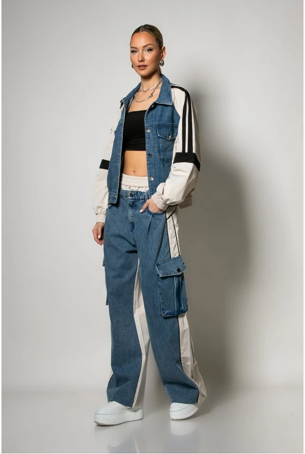 Σετ με mix υφών παντελόνι wide leg cargo και jacket με ρίγες μπεζ