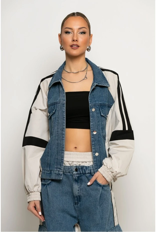 Σετ με mix υφών παντελόνι wide leg cargo και jacket με ρίγες μπεζ