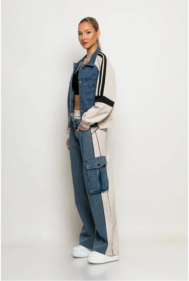 Σετ με mix υφών παντελόνι wide leg cargo και jacket με ρίγες μπεζ