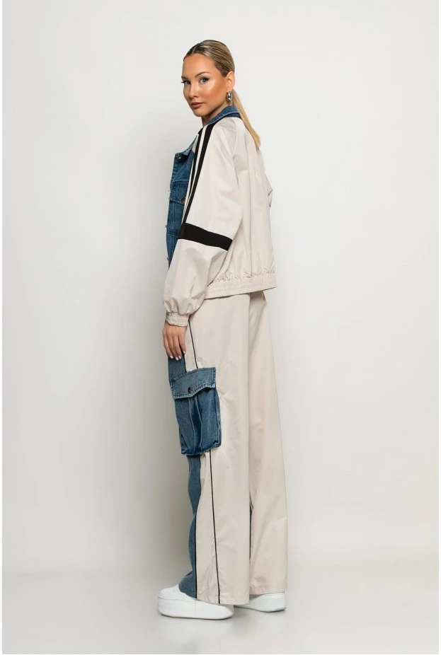 Σετ με mix υφών παντελόνι wide leg cargo και jacket με ρίγες μπεζ