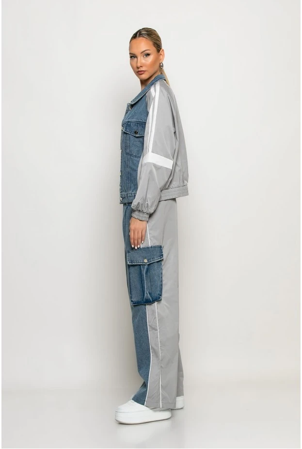 Σετ με mix υφών παντελόνι wide leg cargo και jacket με ρίγες γκρι