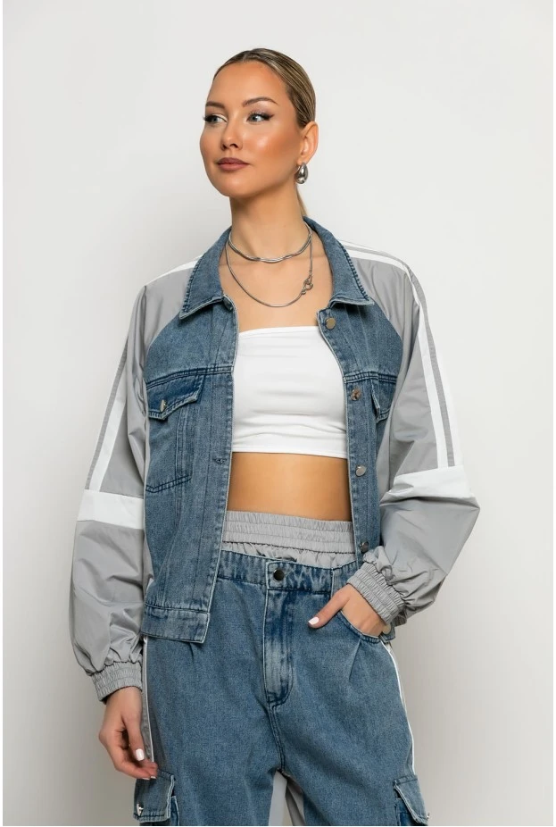 Σετ με mix υφών παντελόνι wide leg cargo και jacket με ρίγες γκρι