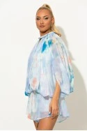 Σετ σορτς και μπλούζα balloon με tie-dye απόχρωση σιέλ