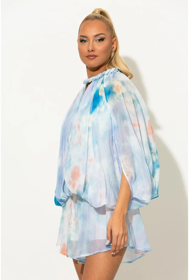 Σετ σορτς και μπλούζα balloon με tie-dye απόχρωση σιέλ