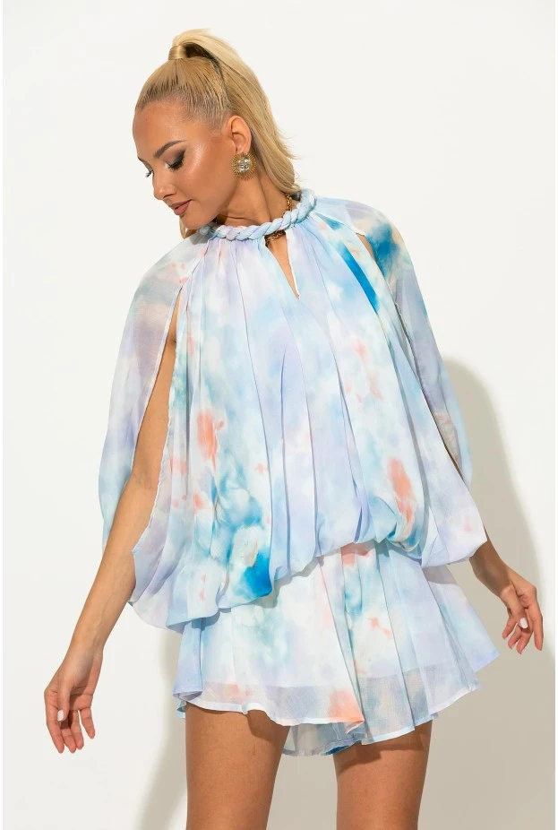 Σετ σορτς και μπλούζα balloon με tie-dye απόχρωση σιέλ