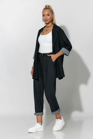 Oversized blazer με ρίγες μπλε ντένιμ
