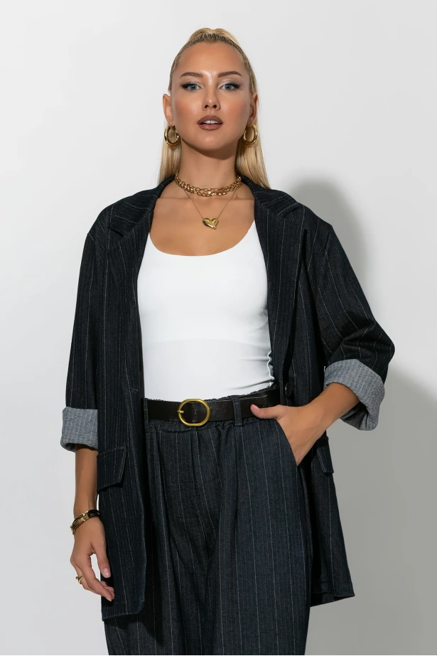 Oversized blazer με ρίγες μπλε ντένιμ Oversized blazer με ρίγες μπλε ντένιμ