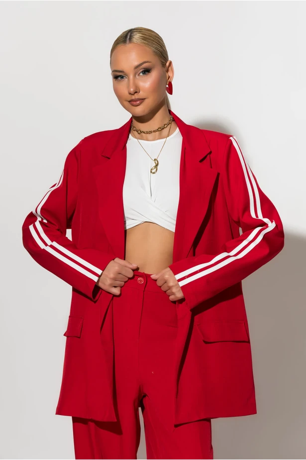 Σετ blazer και παντελόνα με ρίγες στο πλάι κόκκινο Σετ blazer και παντελόνα με ρίγες στο πλάι κόκκινο
