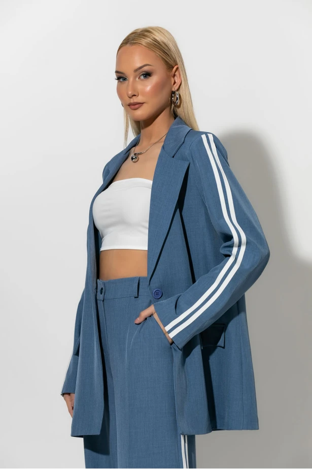 Σετ blazer και παντελόνα με ρίγες στο πλαι γκρι-σιελ