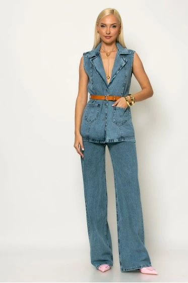 Σετ jean αμάνικο blazer με ζώνη και παντελόνι με λάστιχο μπλε