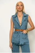 Σετ jean αμάνικο blazer με ζώνη και παντελόνι με λάστιχο μπλε