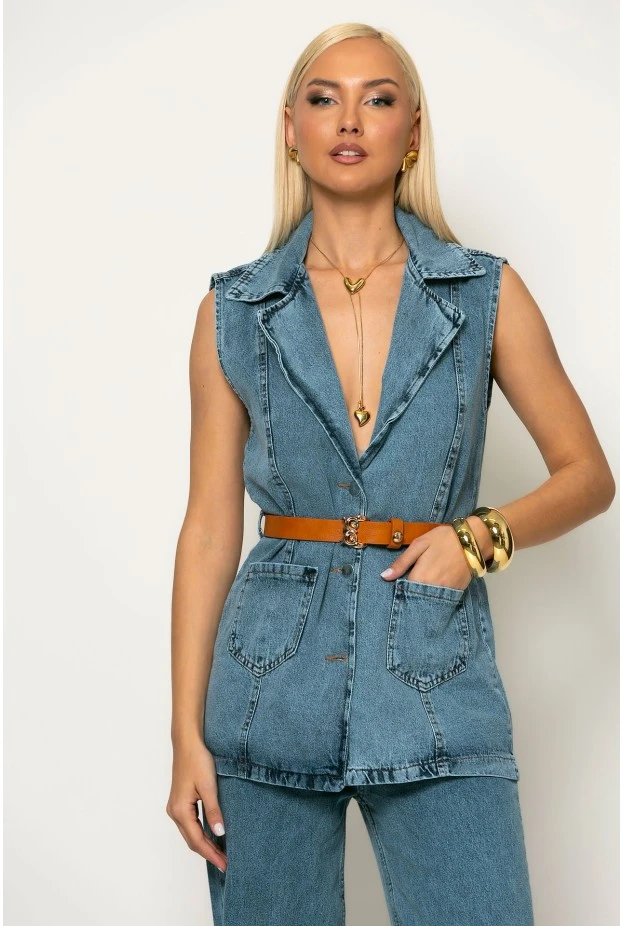 Σετ jean αμάνικο blazer με ζώνη και παντελόνι με λάστιχο μπλε