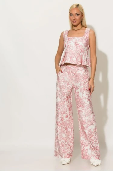 Σετ floral παντελόνα και μπλούζα με βολάν καφέ