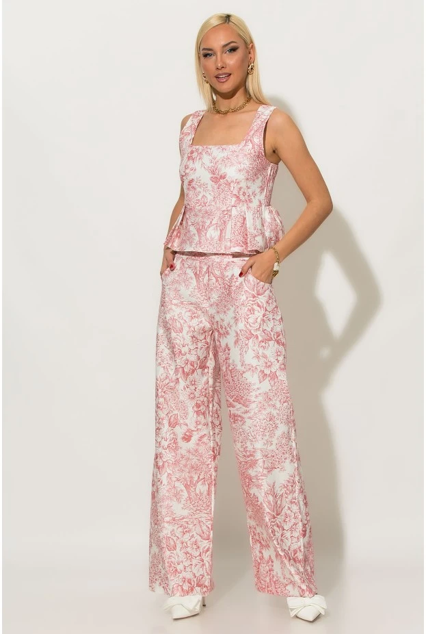 Σετ floral παντελόνα και μπλούζα με βολάν ροζ