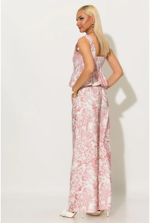 Σετ floral παντελόνα και μπλούζα με βολάν ροζ