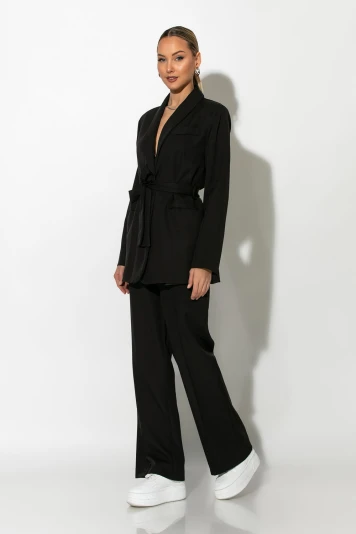 Σετ παντελόνα και blazer με βάτες και ζώνη γκρι