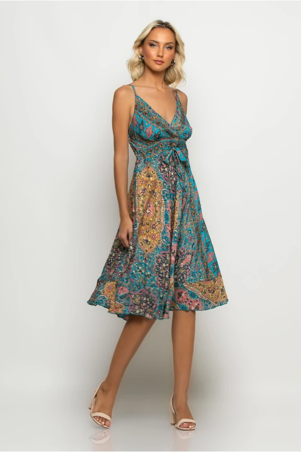 Μίντι φόρεμα ασύμμετρο boho με κορδόνι στην μέση τιρκουάζ Μίντι φόρεμα ασύμμετρο boho με κορδόνι στην μέση τιρκουάζ