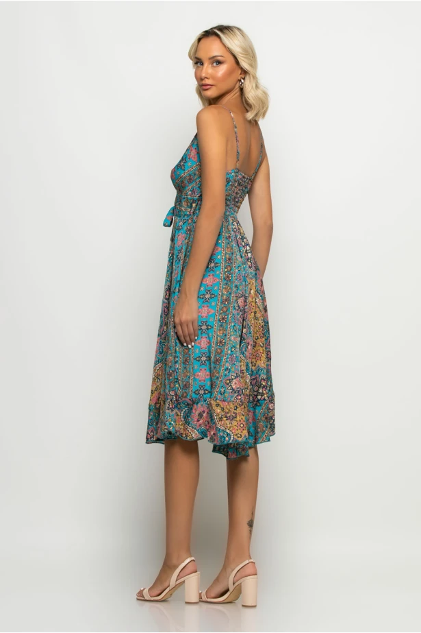 Μίντι φόρεμα ασύμμετρο boho με κορδόνι στην μέση τιρκουάζ Μίντι φόρεμα ασύμμετρο boho με κορδόνι στην μέση τιρκουάζ