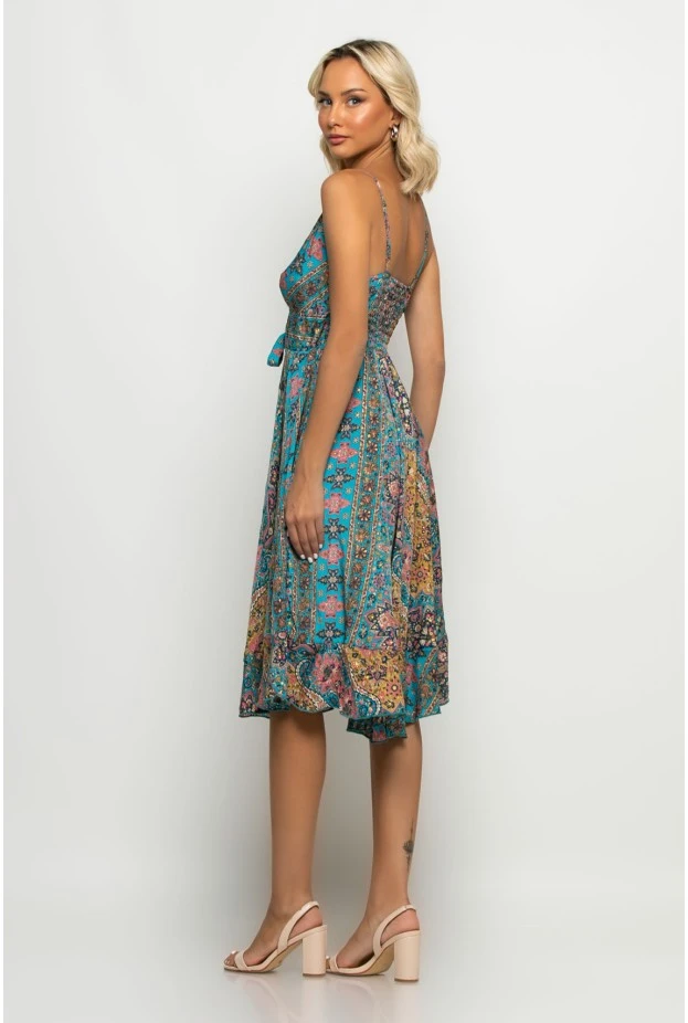 Μίντι φόρεμα ασύμμετρο boho με κορδόνι στην μέση τιρκουάζ