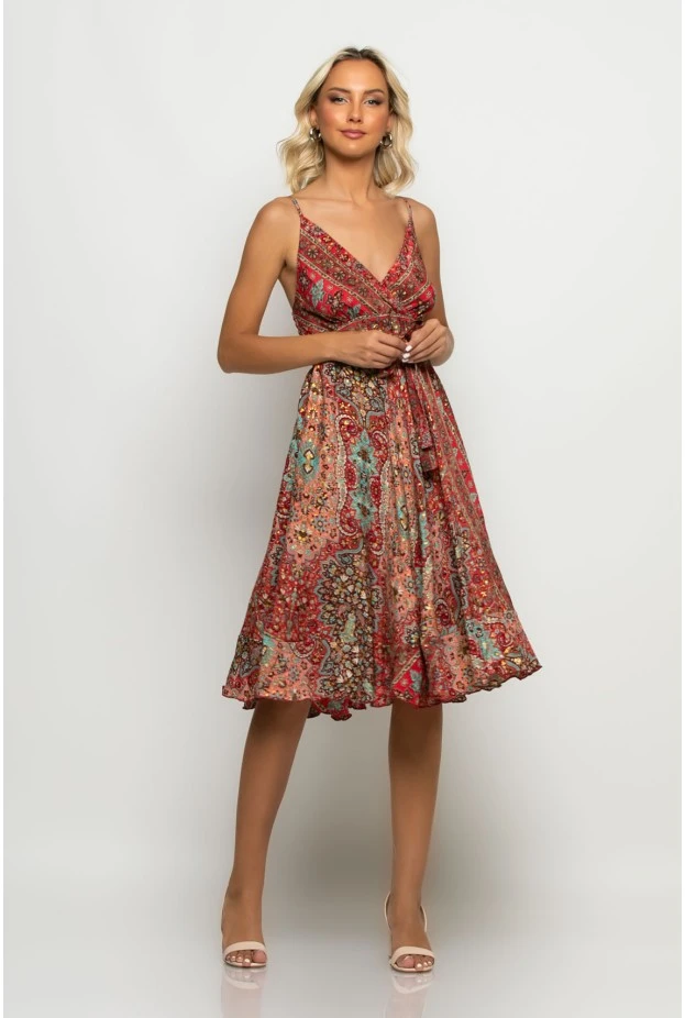 Μίντι φόρεμα ασύμμετρο boho με κορδόνι στην μέση κόκκινο
