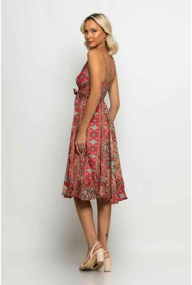 Μίντι φόρεμα ασύμμετρο boho με κορδόνι στην μέση κόκκινο