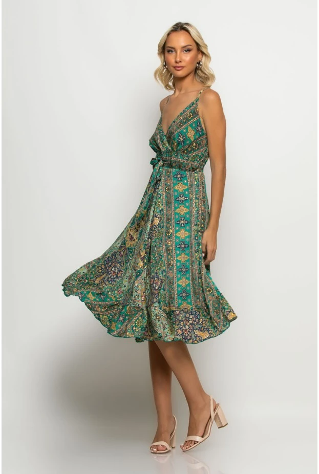 Μίντι φόρεμα ασύμμετρο boho με κορδόνι στην μέση πράσινο