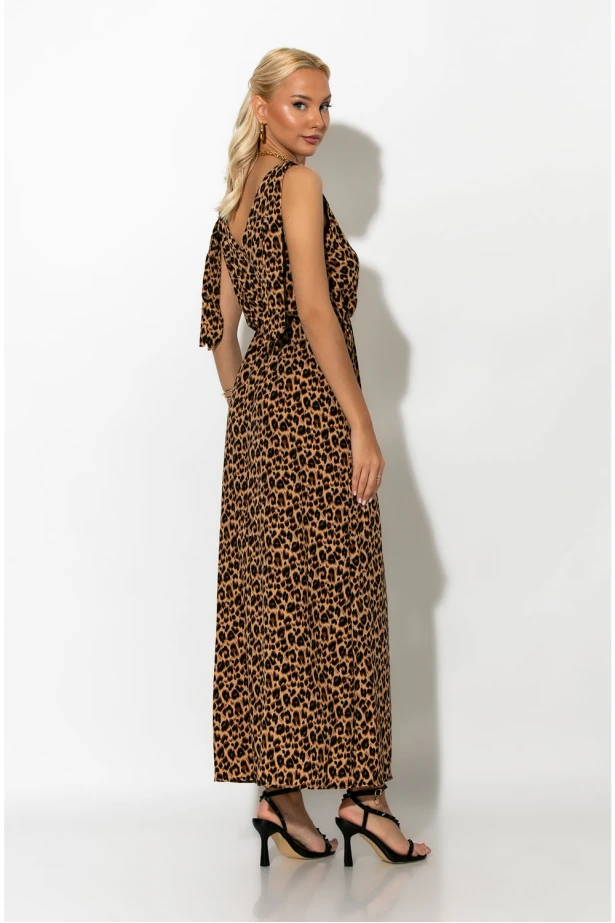 Μίντι φόρεμα leopard με δέσιμο στους ώμους μπεζ σκούρο Μίντι φόρεμα leopard με δέσιμο στους ώμους μπεζ σκούρο