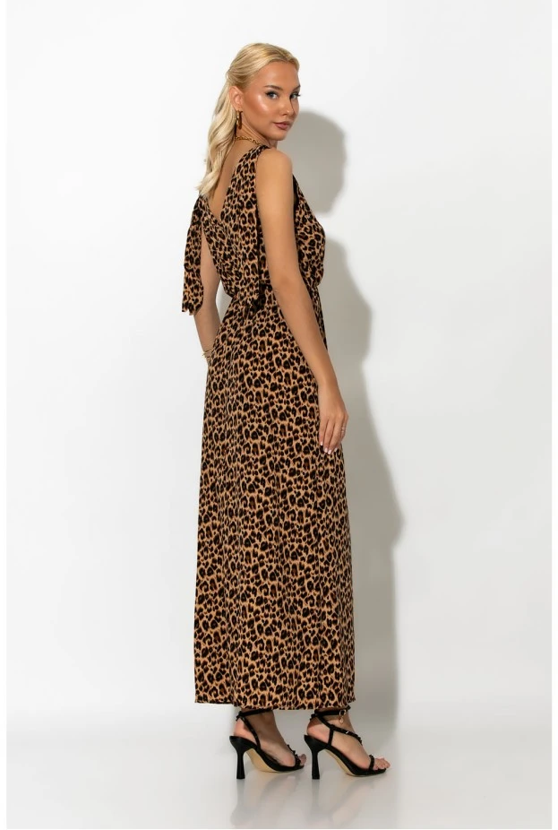 Μίντι φόρεμα leopard με δέσιμο στους ώμους μπεζ σκούρο