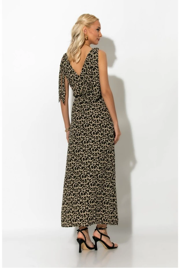 Μίντι φόρεμα leopard με δέσιμο στους ώμους χακί