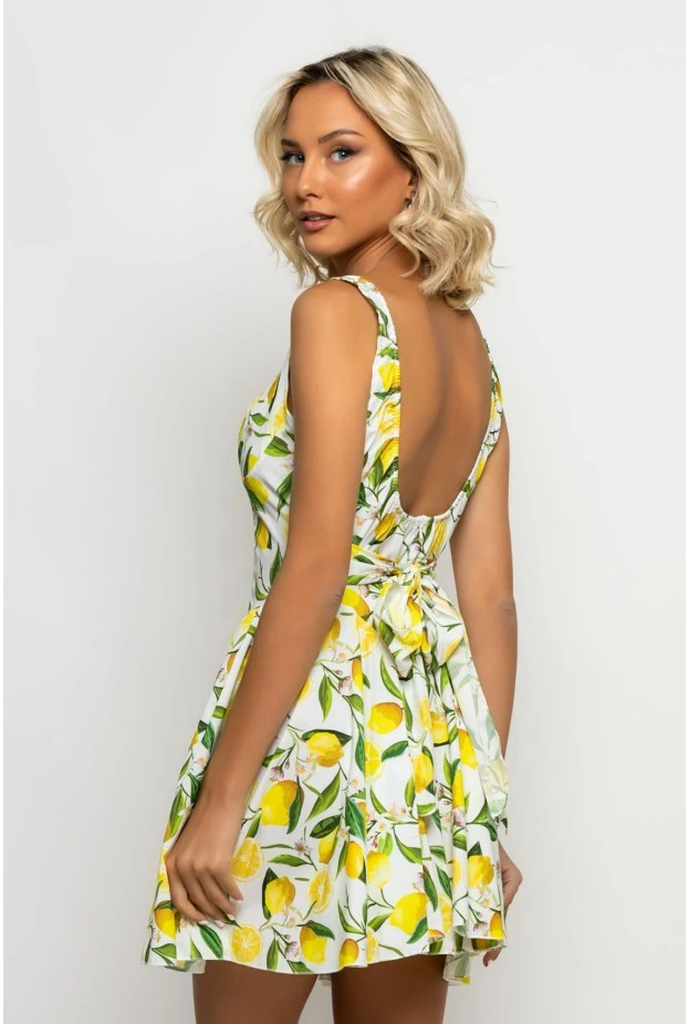 Μίνι φόρεμα με ζωνάκι στην μέση lemon print  λευκό