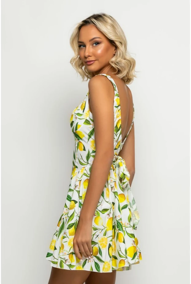 Μίνι φόρεμα με ζωνάκι στην μέση lemon print  λευκό