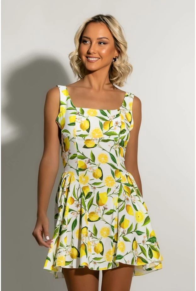Μίνι φόρεμα με ζωνάκι στην μέση lemon print  λευκό