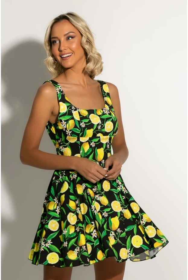 Μίνι φόρεμα με ζωνάκι στην μέση lemon print μαύρο