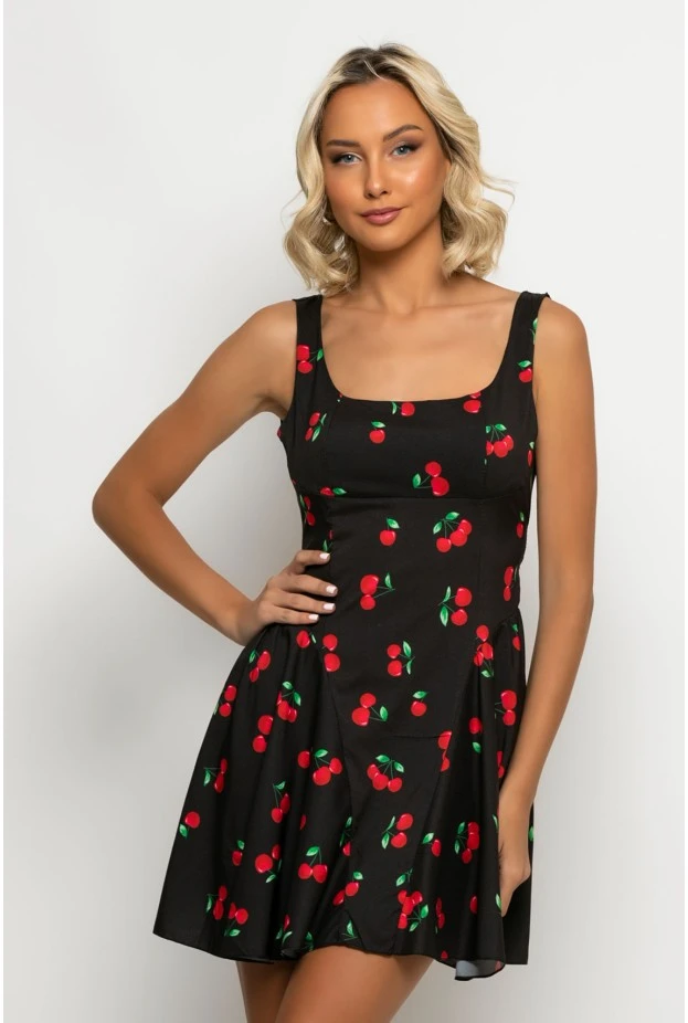 Μίνι φόρεμα με ζωνάκι στην μέση cherry print μαύρο