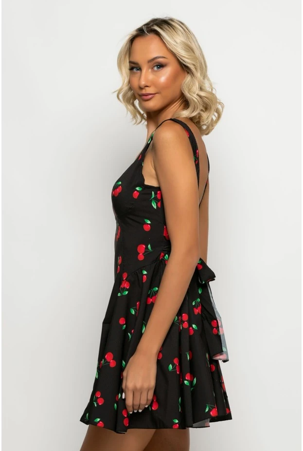 Μίνι φόρεμα με ζωνάκι στην μέση cherry print μαύρο
