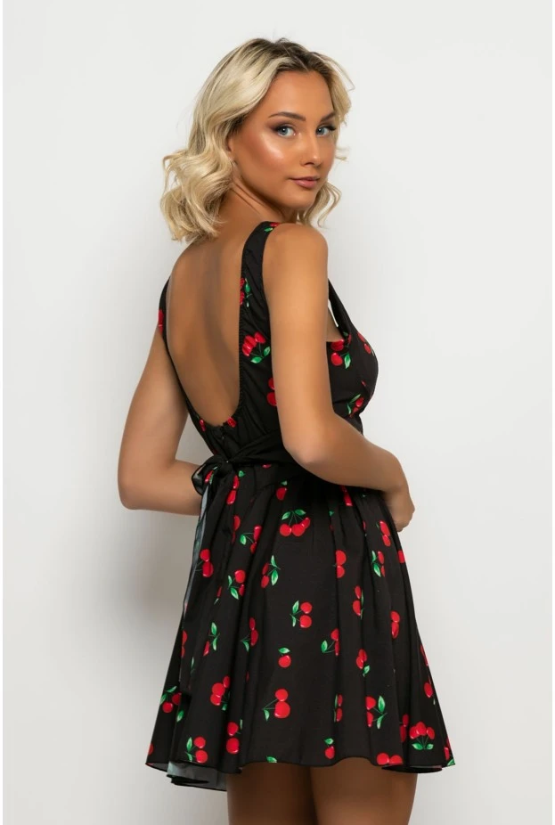 Μίνι φόρεμα με ζωνάκι στην μέση cherry print μαύρο