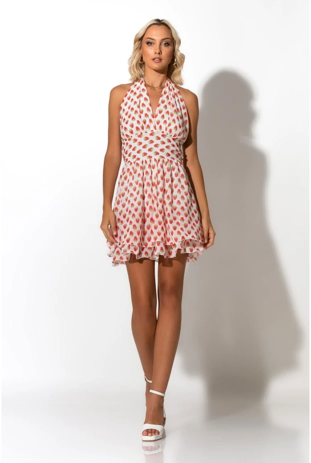 Μίνι φόρεμα με έξω την πλάτη strawberry print λευκό