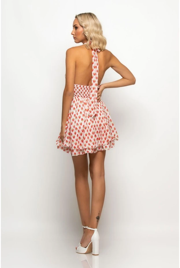 Μίνι φόρεμα με έξω την πλάτη strawberry print λευκό