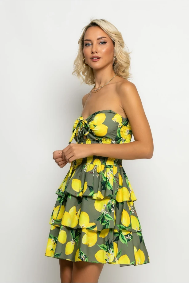 Μίνι φόρεμα με βολαν lemon print χακί Μίνι φόρεμα με βολαν lemon print χακί