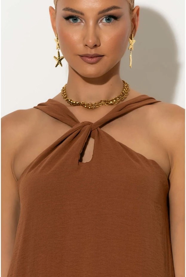 Μίντι φόρεμα knot halter neck καφέ