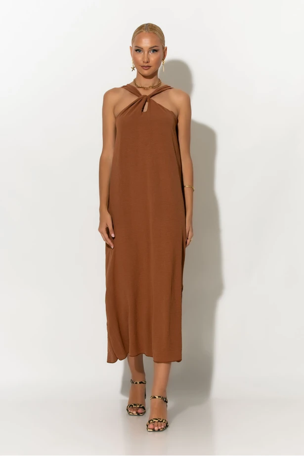 Μίντι φόρεμα knot halter neck καφέ Μίντι φόρεμα knot halter neck καφέ