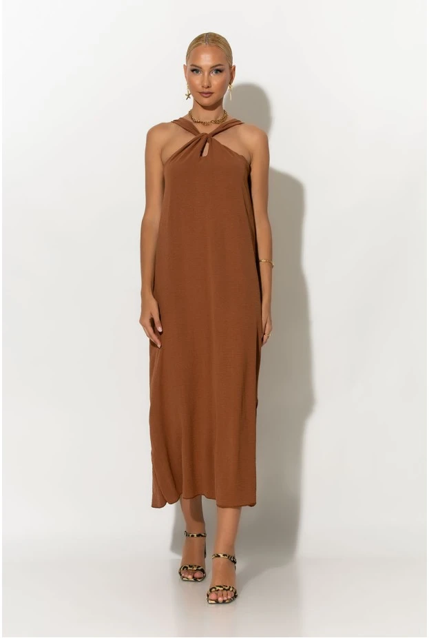 Μίντι φόρεμα knot halter neck καφέ